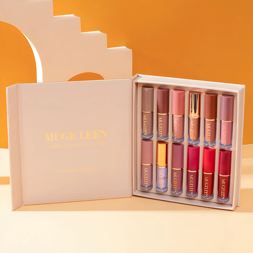 12-piece matte shimmer lip glaze set showing multiple colour options with non-stain formula