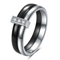 Glossy ceramic women's ring with inlaid zirconium design in geometric shape, shown in gold white finish.