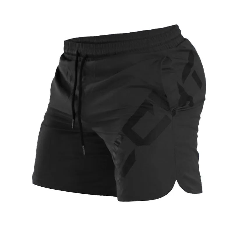 Men's black quick-drying nylon blend training shorts with elastic waist, shown in knee-length sports style.