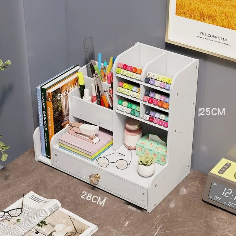 Square plastic oblique insertion pen holder storage box with multiple compartment grids for desk organisation
