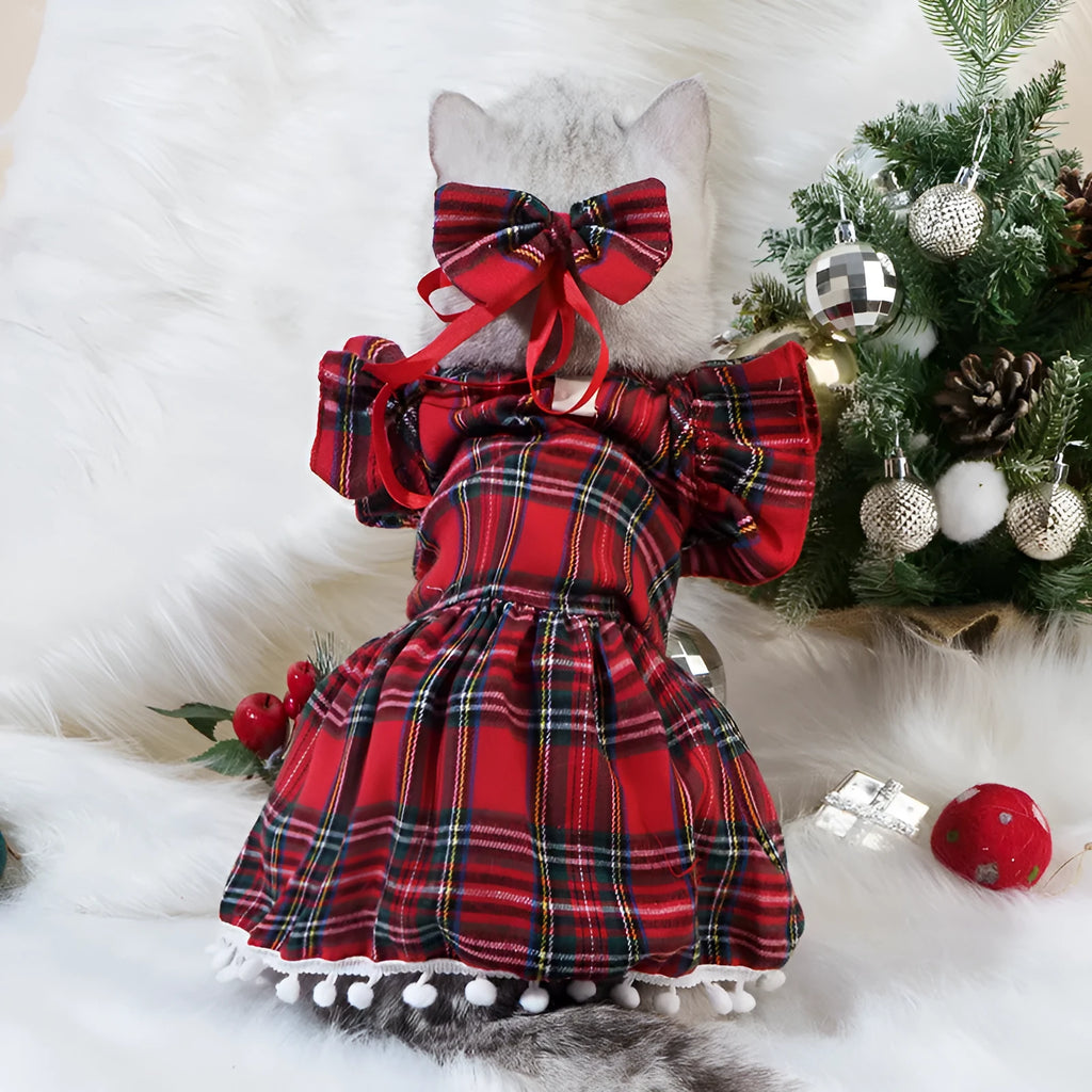 Red tartan Christmas skirt for pets with matching head flower accessory in size options from XS to XL