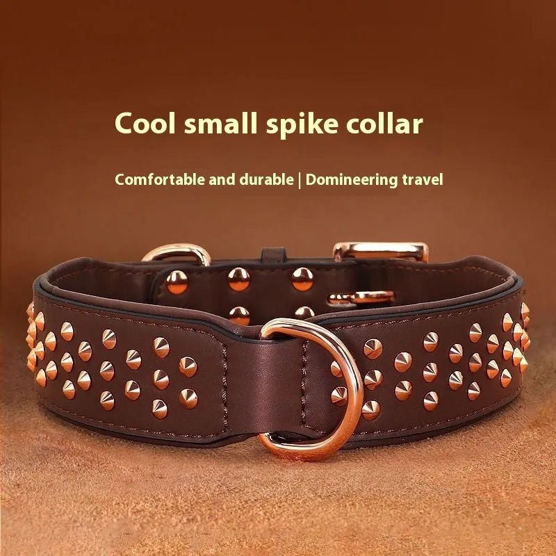 A leather dog collar with metal rivets, shown in black, chocolate, and pink colour options.