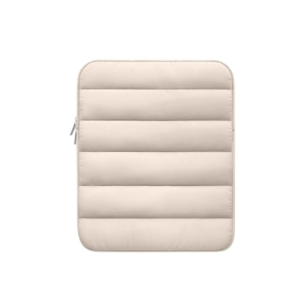 Fluffy air feeling laptop sleeve with elastic sides for 9.7 to 11 inch devices in black, khaki, or silver.