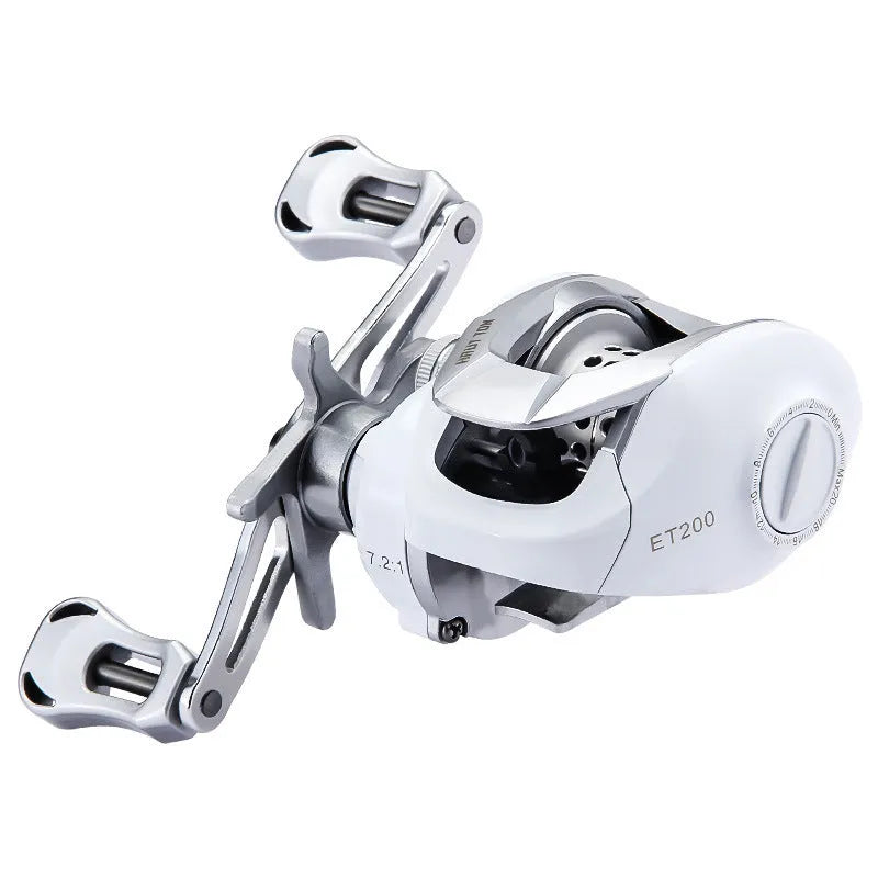 White drop wheel fishing reel with left or right hand retrieve for micro jigging and bait casting