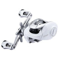 White drop wheel fishing reel with left or right hand retrieve for micro jigging and bait casting