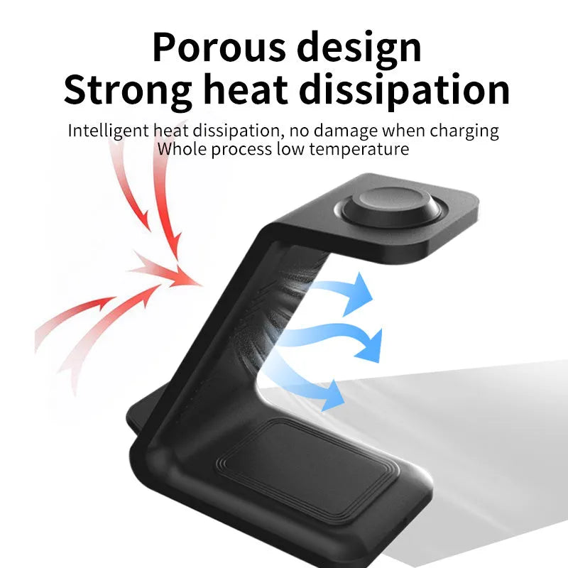 Black 3-in-1 upright wireless charging stand holding a mobile phone vertically on a desk.