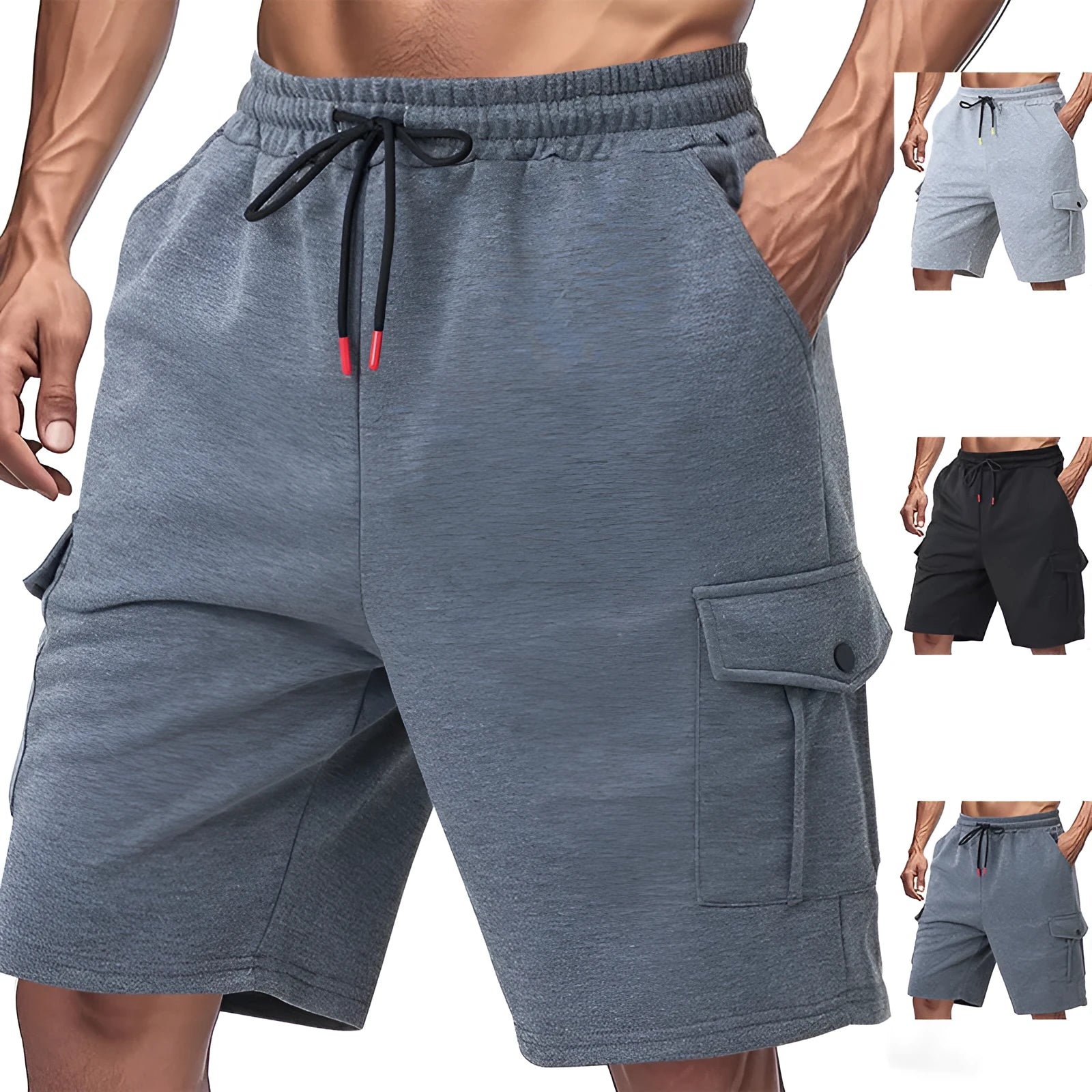 Men's loose grey cargo shorts with multiple pockets, made from textured terry fabric.
