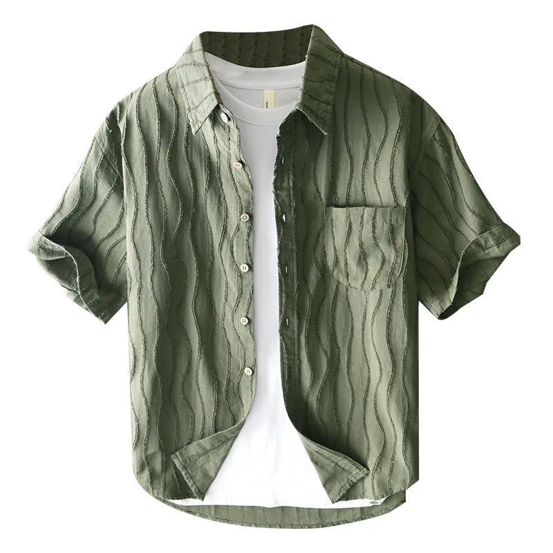 Men's apricot pure cotton short sleeve casual shirt with loose fit on a hanger.