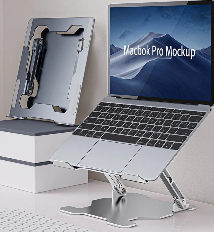 Grey aluminium laptop stand with adjustable angle, shown holding a silver laptop.