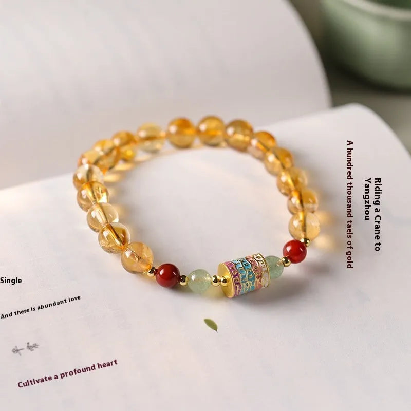 Yellow citrine prayer wheel bracelet with 8mm round beads in retro style