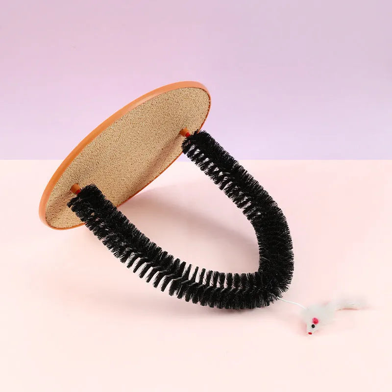 Black arch-shaped cat scratching post with grooming brush surface and attached plush mouse toy
