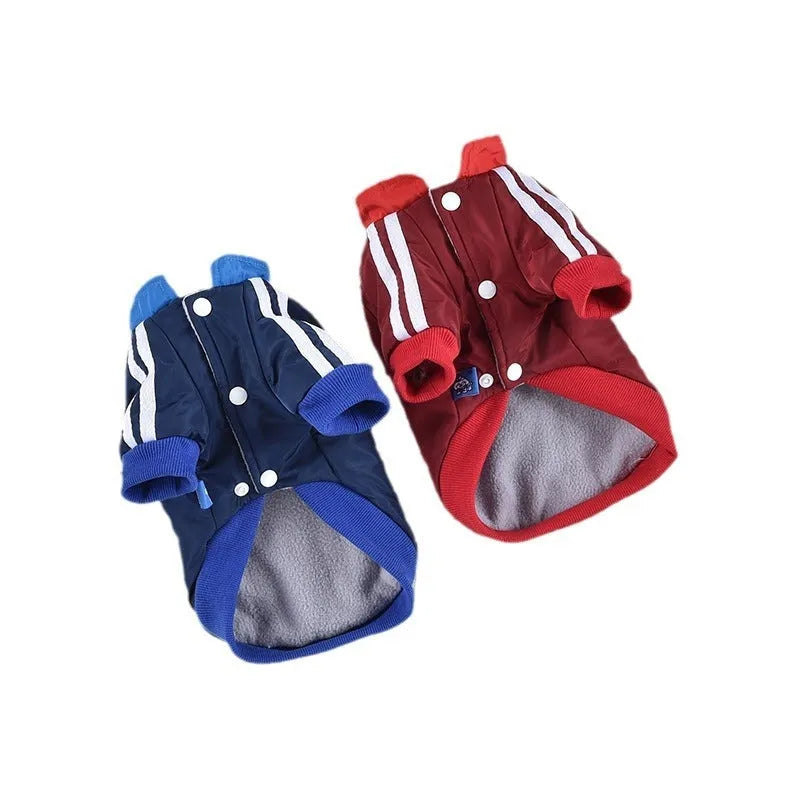 Red V-shaped splicing cotton coat for a dog, showing casual style and thick construction.