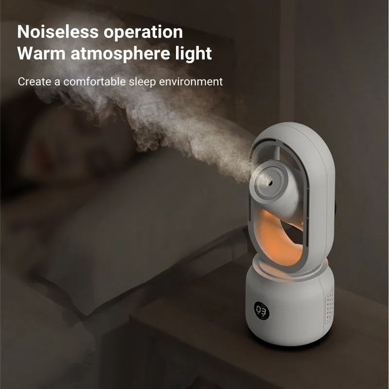 White bladeless table fan with humidifier mist spray and USB rechargeable battery on wooden desk