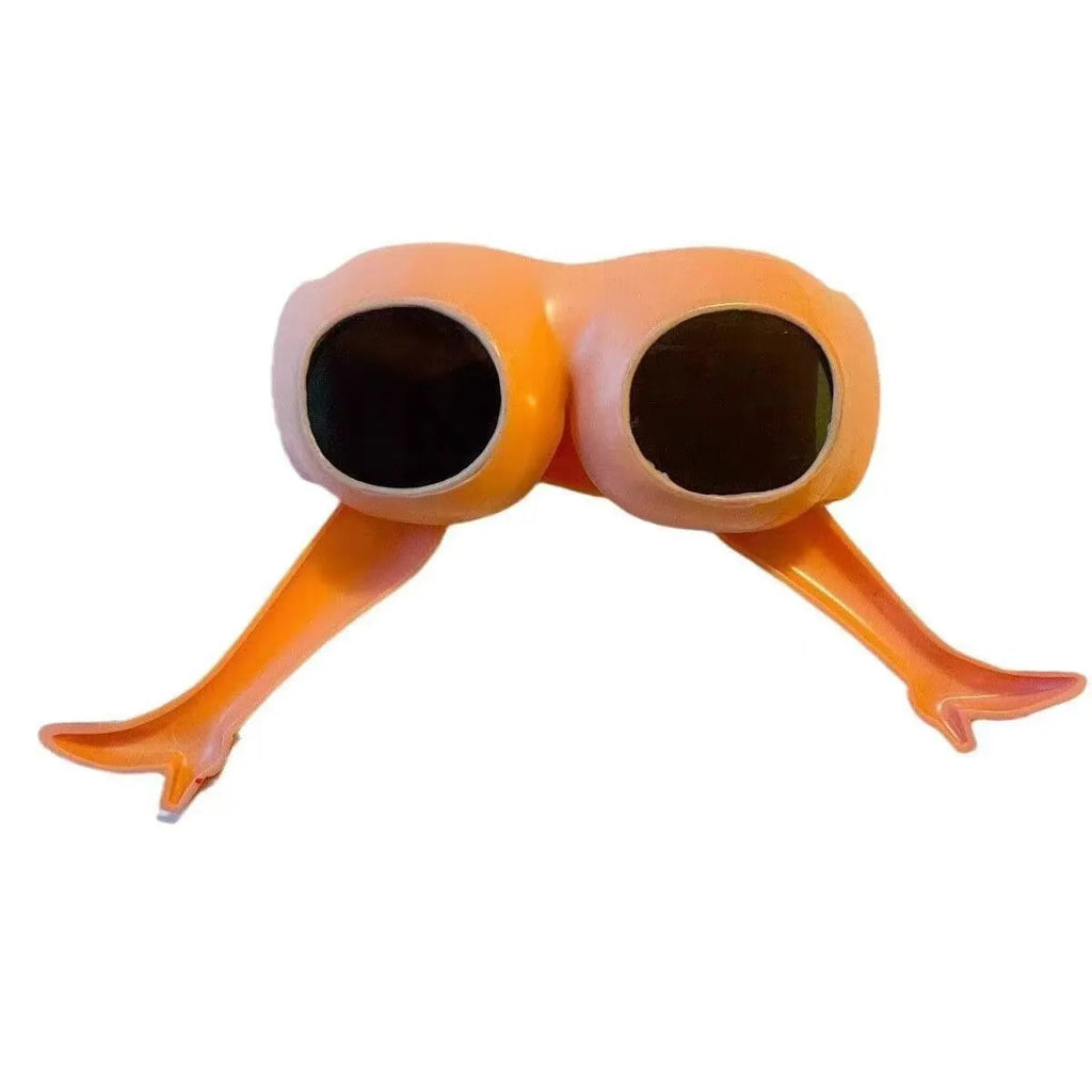 Orange plastic sunglasses with a unique leg and hip personality design.