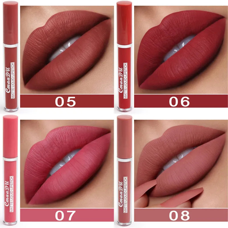 Ten matte lipsticks in a slim black case showing waterproof non-stick cup formula.