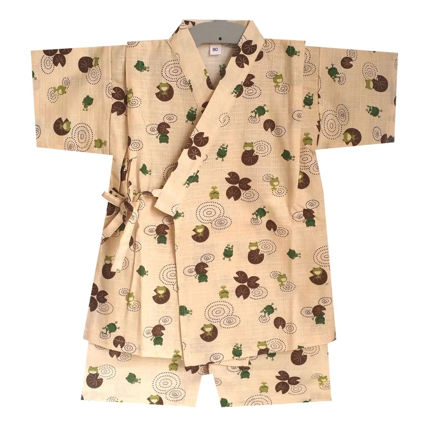 Child's beige cotton yukata with little frog print, short sleeves