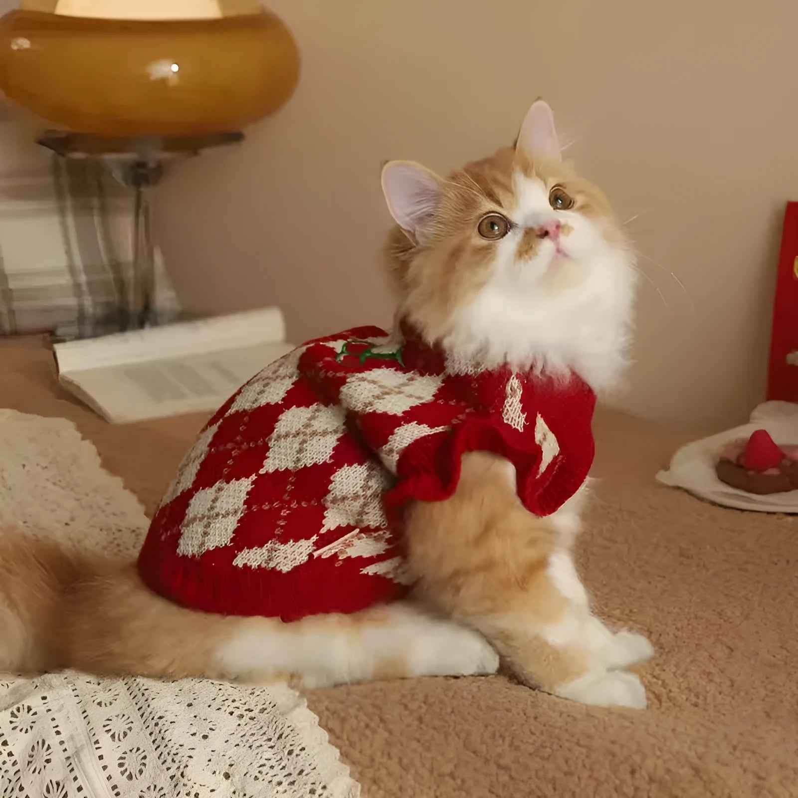 Red cat sweater with embroidered cherry pattern showing size chart for XS to XL.