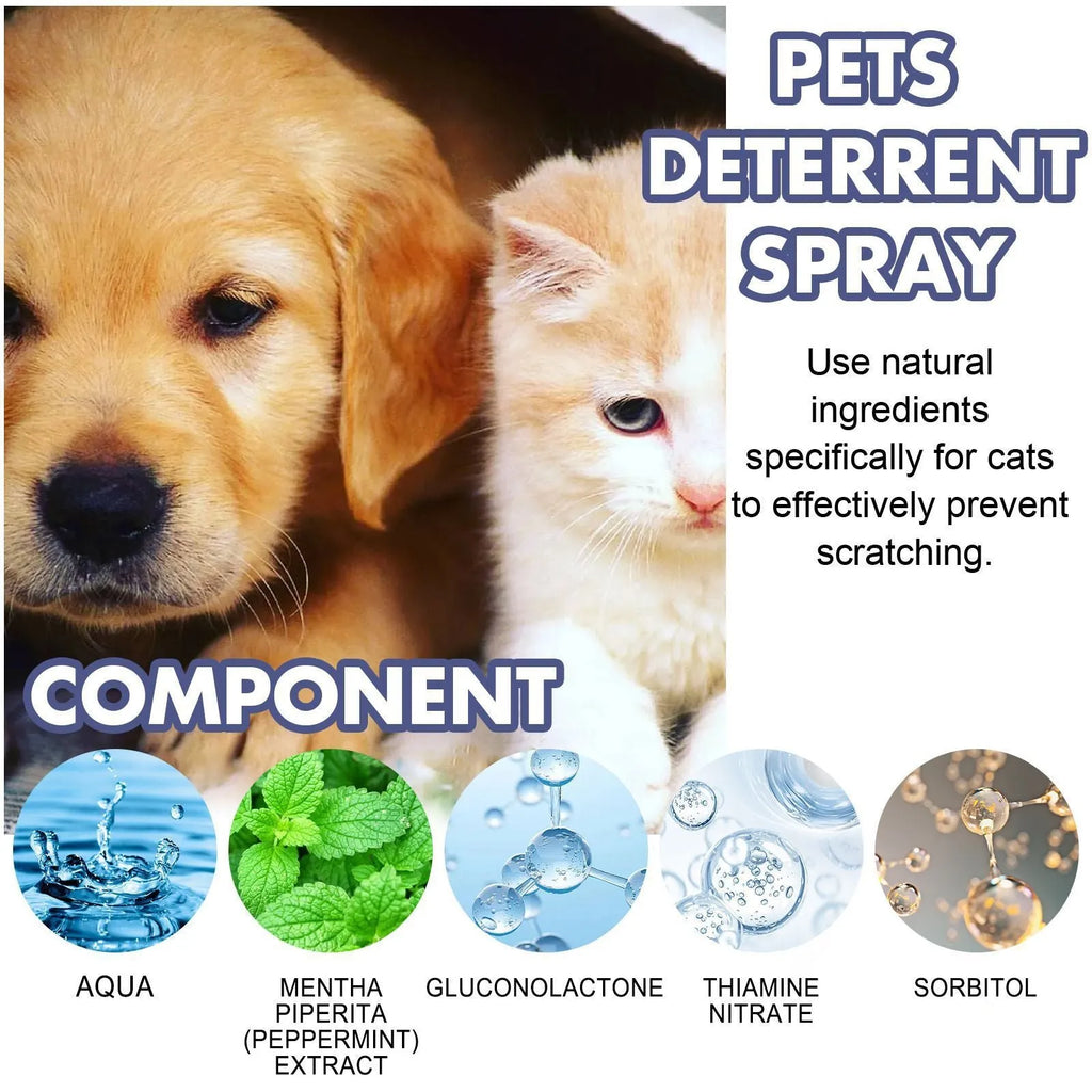 Boxed 50ml bottle of pet deterrent spray for dogs and cats to prevent scratching.