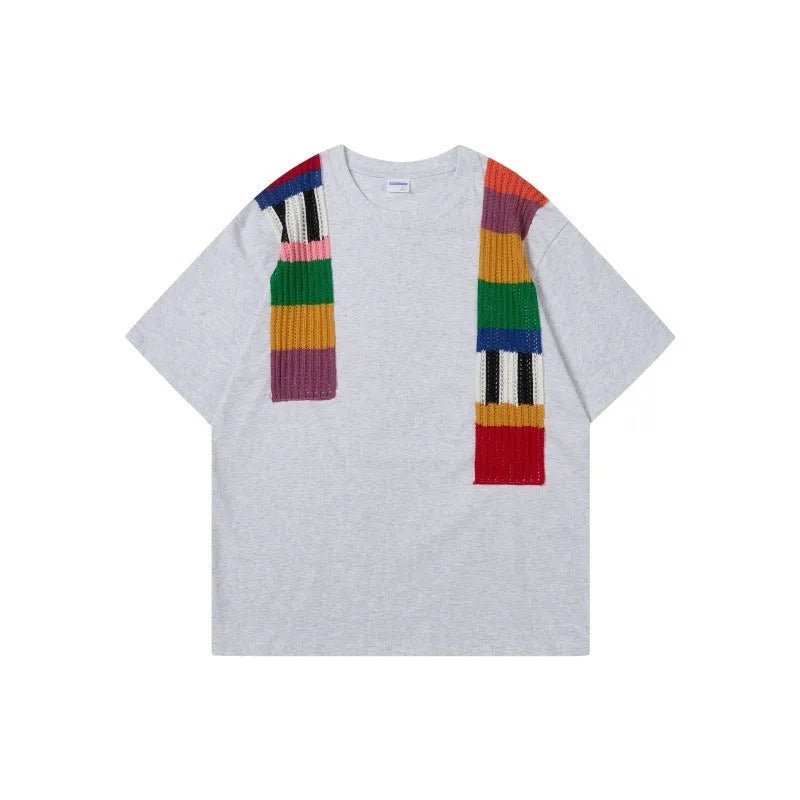 Loose fit short sleeve cotton pullover with colour patchwork design and letter pattern