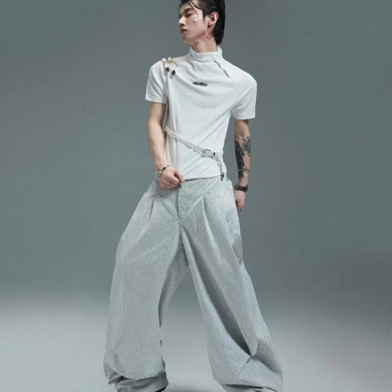 Cotton men's slim fit T-shirt with metal belt design on stand-up collar in white and black colours