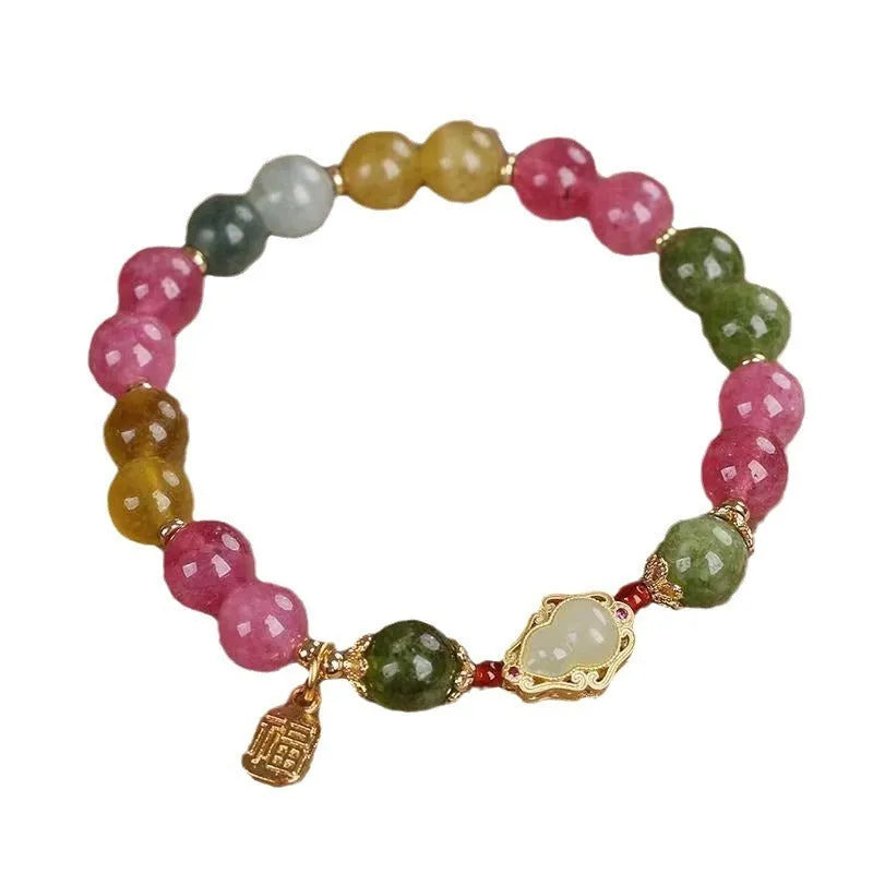 Women's colourful tourmaline gourd blessing card bracelet with floral design and electroplated finish