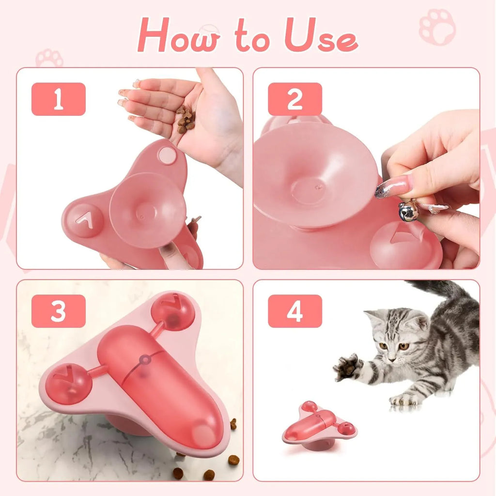 Interactive pet puzzle feeder with suction cup base showing bell, catnip and snack cabin components