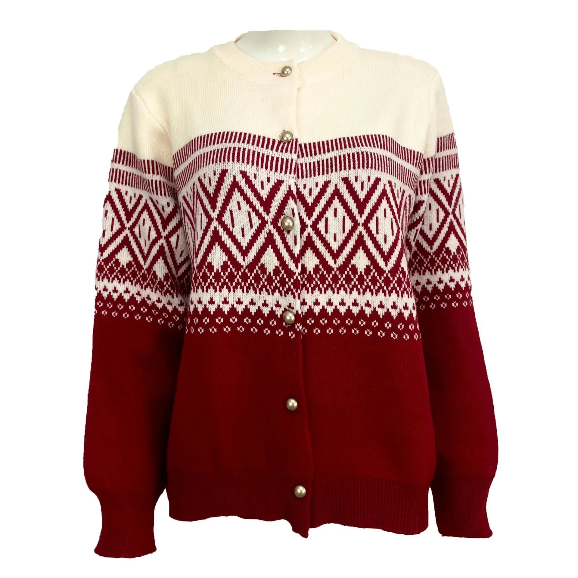 Women's grey alpaca wool cardigan with pink and white diamond pattern and long sleeves