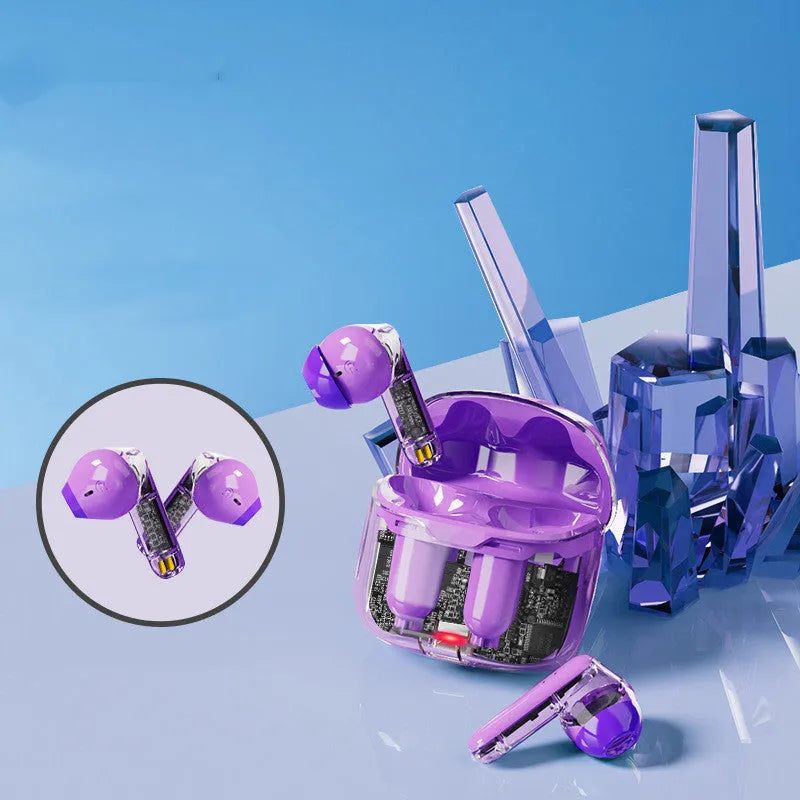 Transparent cabinet wireless Bluetooth in-ear headset in black, white, and purple colour options.
