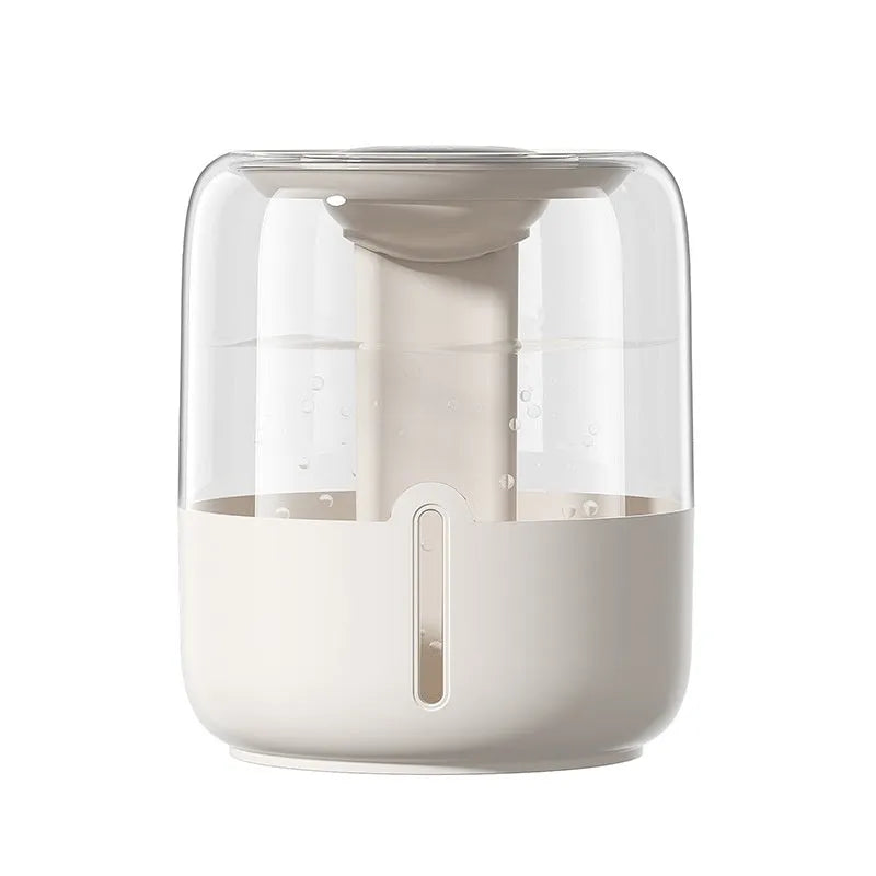 Beige round USB humidifier with display showing humidity level and dual spray outputs
