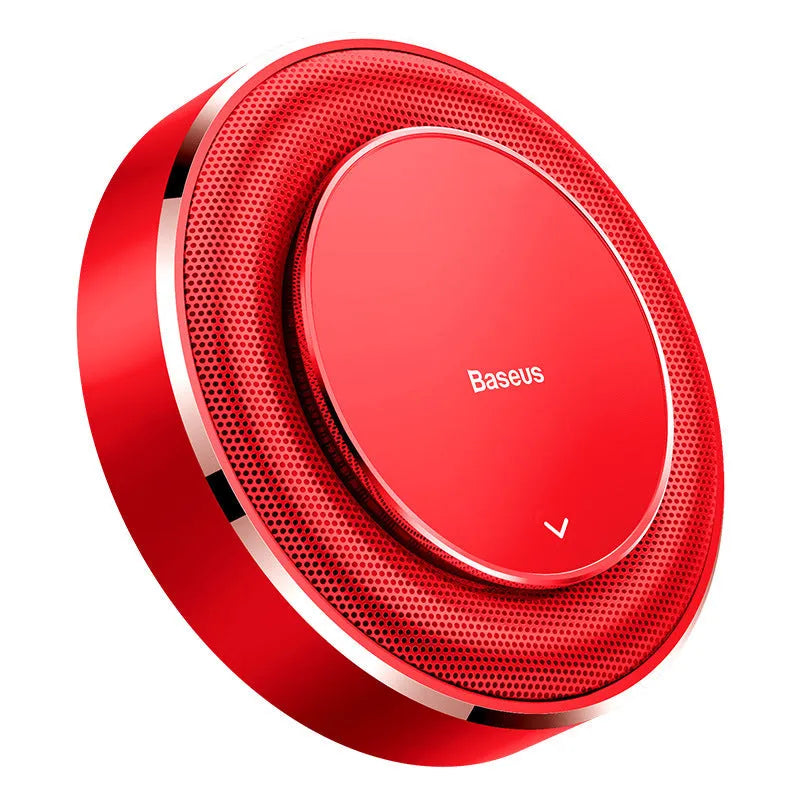 Round aluminium alloy car fragrance seat in black, red, or silver with aromatherapy tablets.