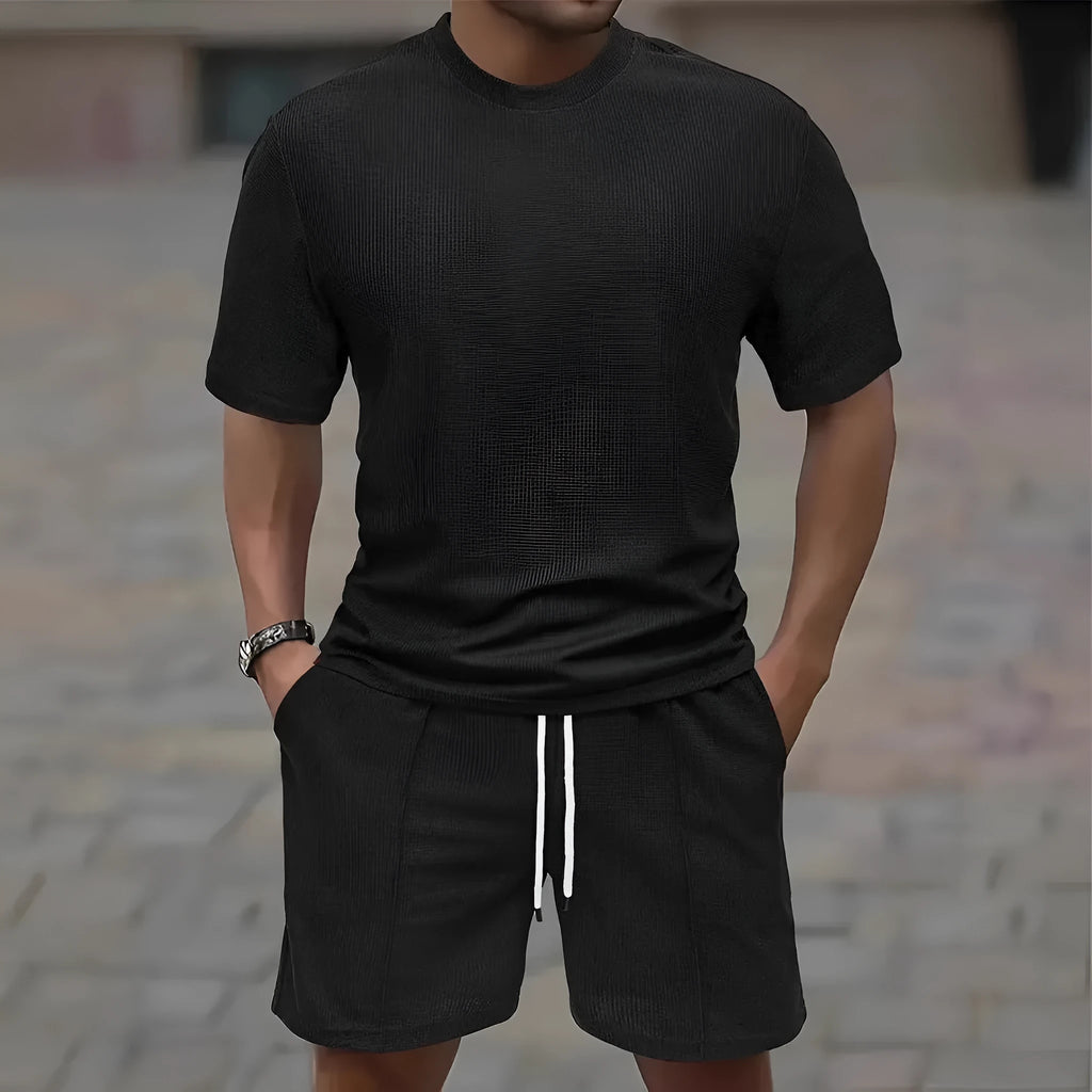 Men's waffle texture short sleeve blouse and shorts set in polyester fabric for summer wear