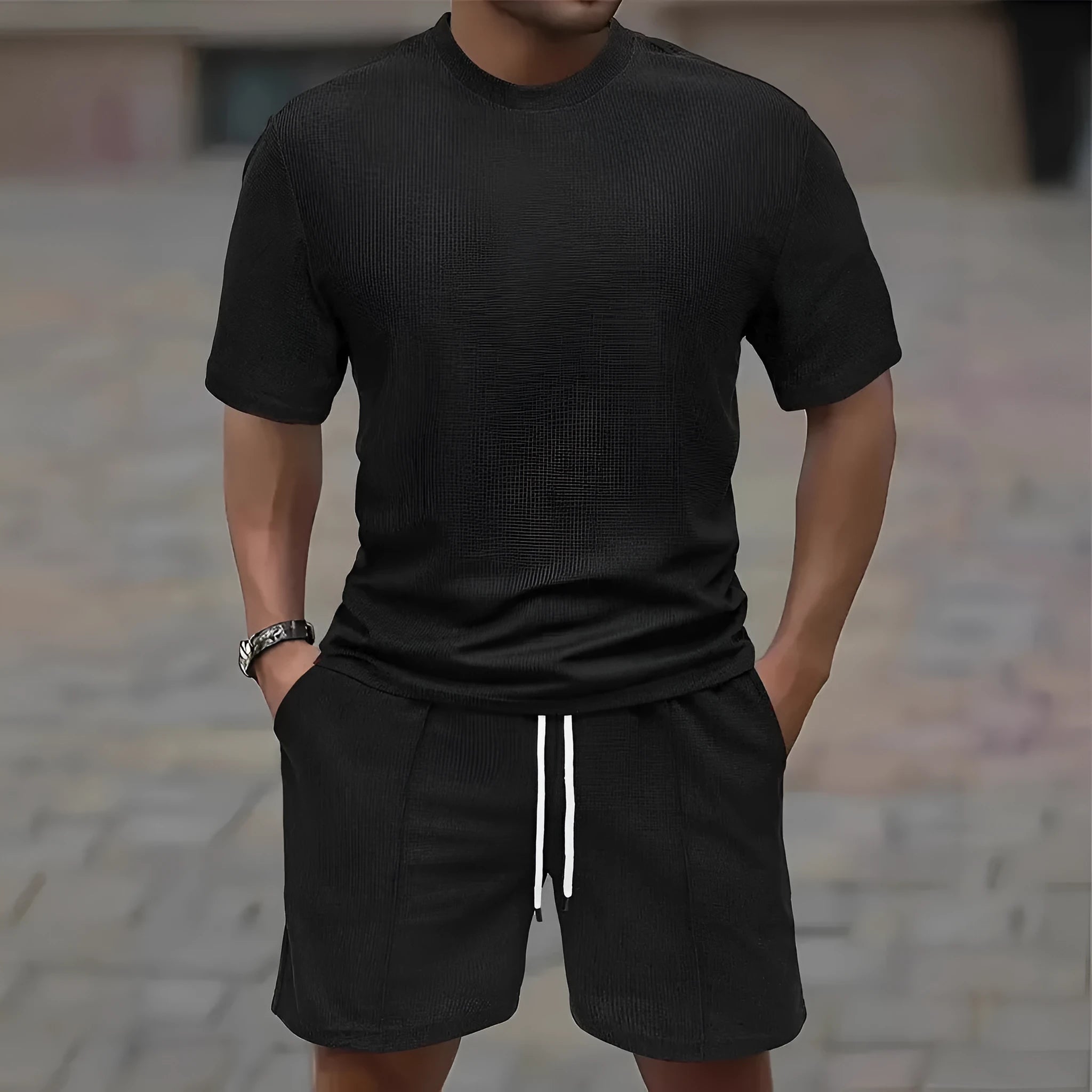 Men's waffle texture short sleeve blouse and shorts set in polyester fabric for summer wear