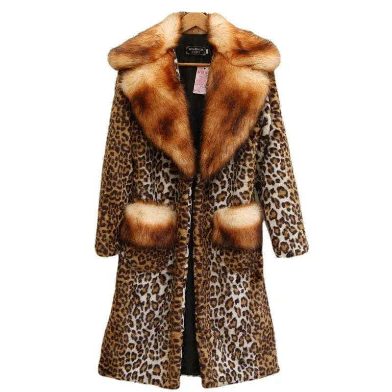 Women's long faux fur leopard print jacket with regular sleeves on a hanger.