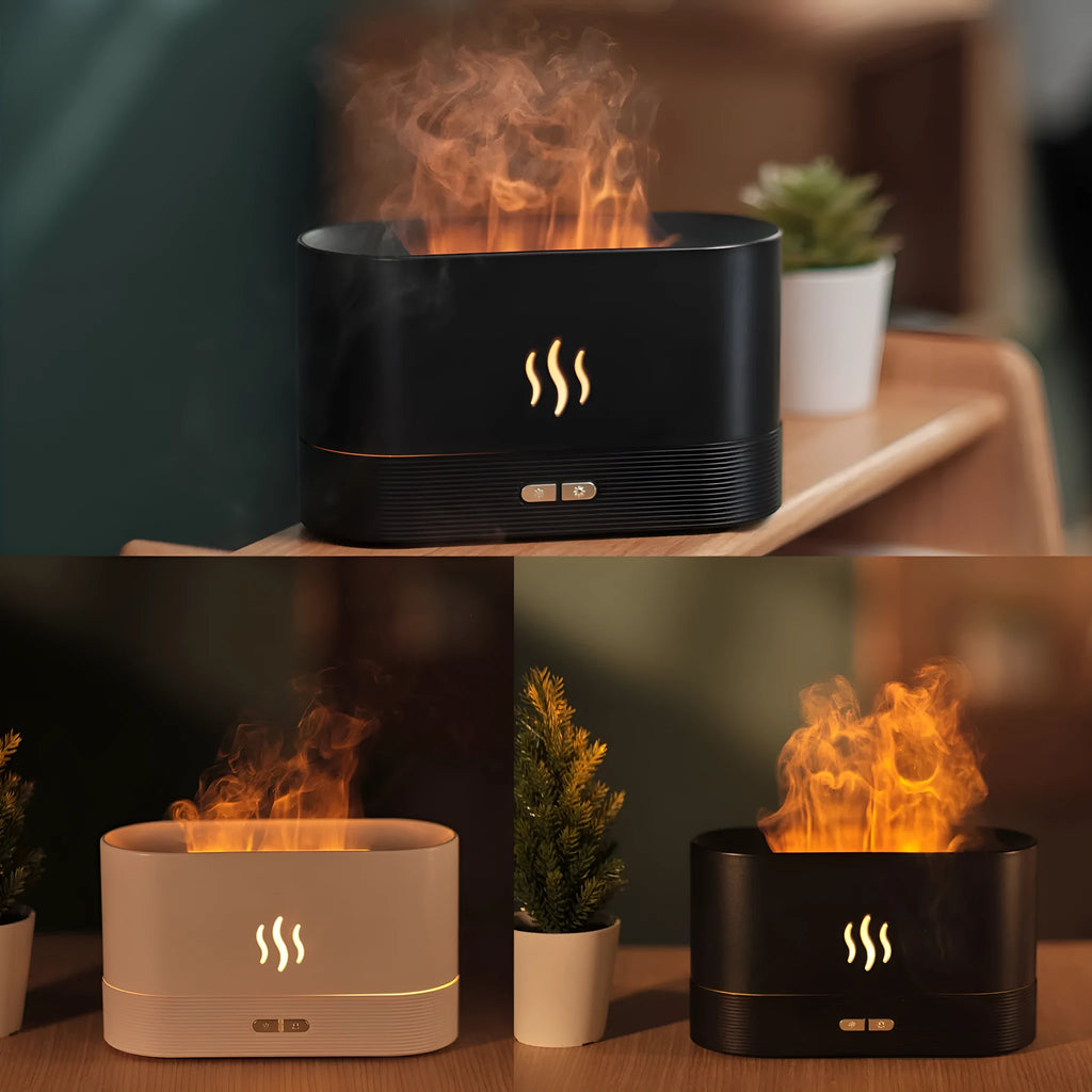 Square black ultrasonic aroma diffuser with flame LED effect and mist output