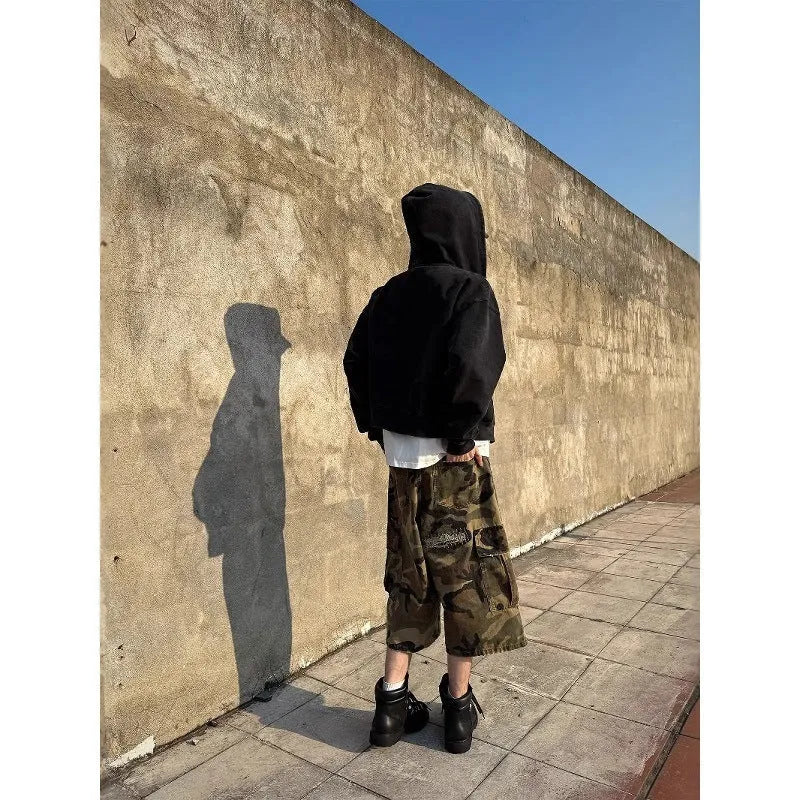 Men's camouflage colour ripped cropped jeans with retro patches in straight leg loose fit casual style