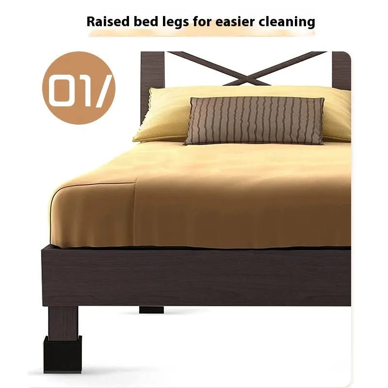 Four black circular plastic foot mats for furniture height increasing.