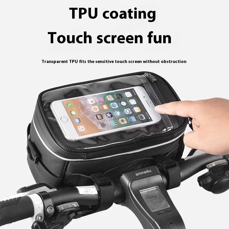 Black 7 inch polyester bicycle bag with hanging straps for handlebar mounting