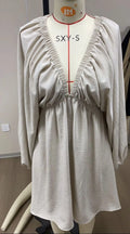 Women's apricot V-neck midi dress with long puff sleeves and a flounced skirt.