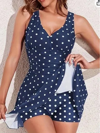Blue polka dot print women's plus size swimsuit bikini set with skirt top and brief bottoms