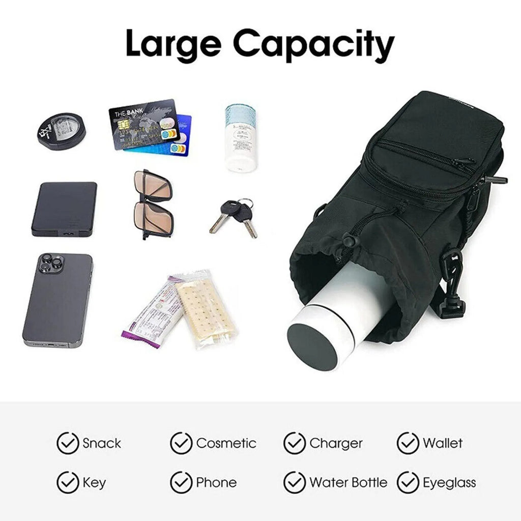 Canvas water bottle pouch with elastic drawstring closure showing black, green, and pink colour options