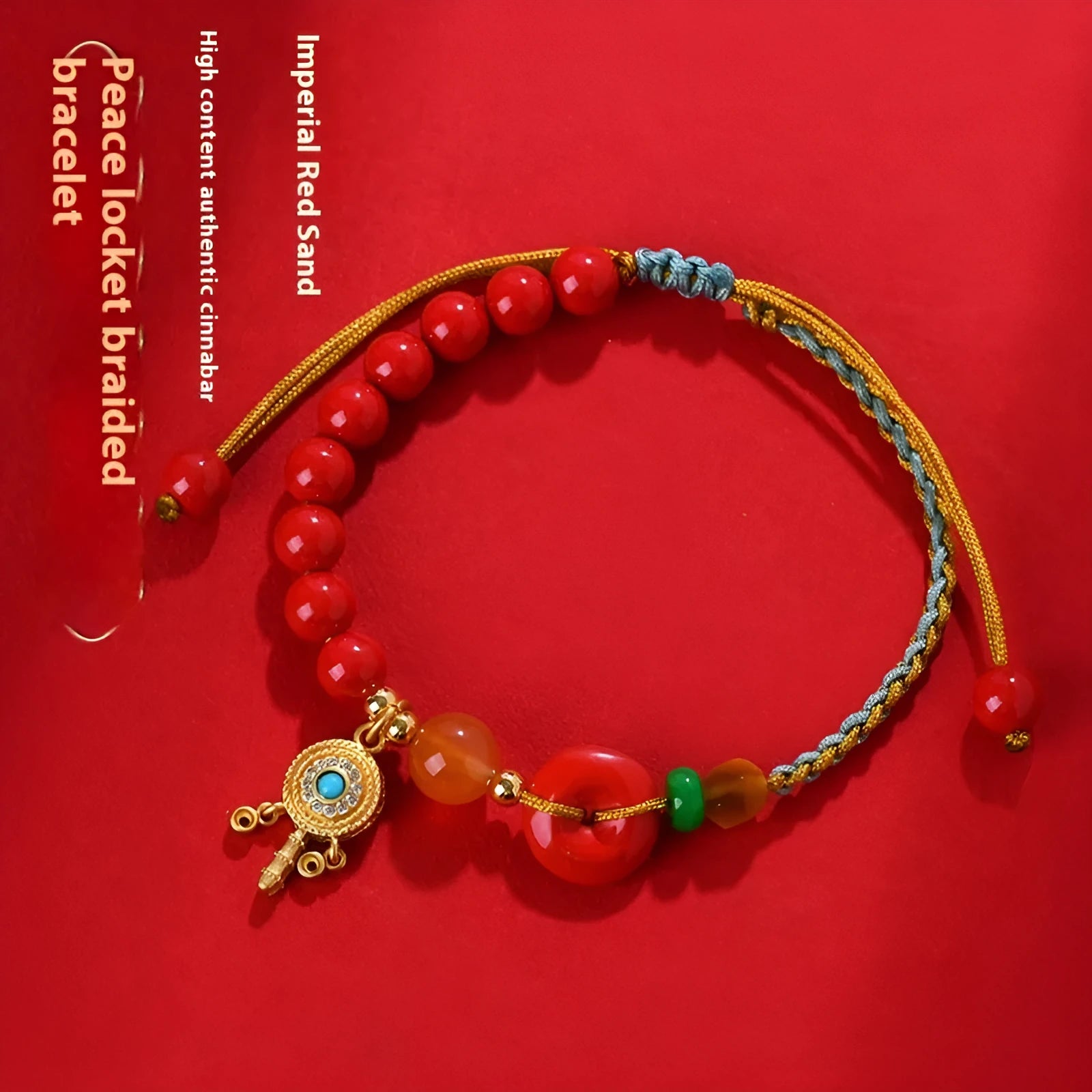 Cinnabar peace buckle woven bracelet in emperor red sand colour with hand-woven geometry design