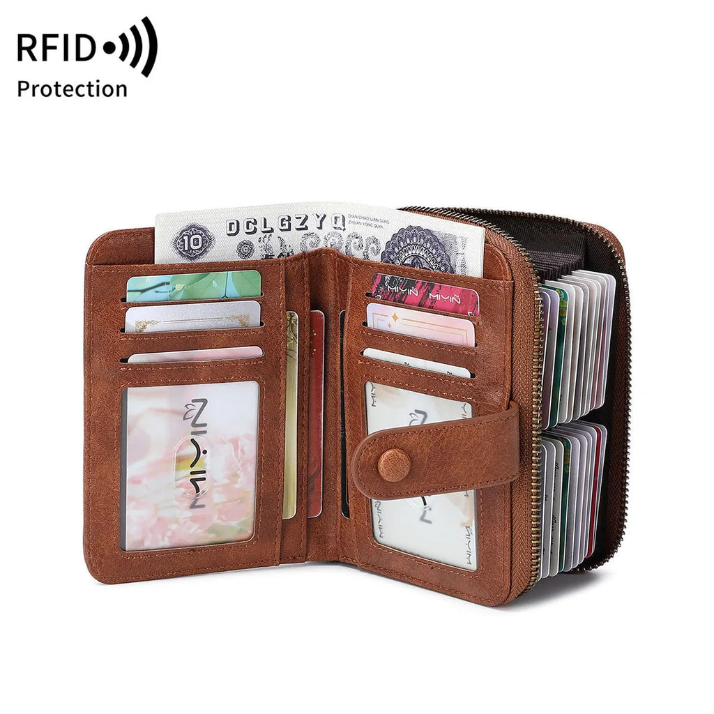 Leopard print retro wallet with zipper closure and contrast stitching, made from PU leather.