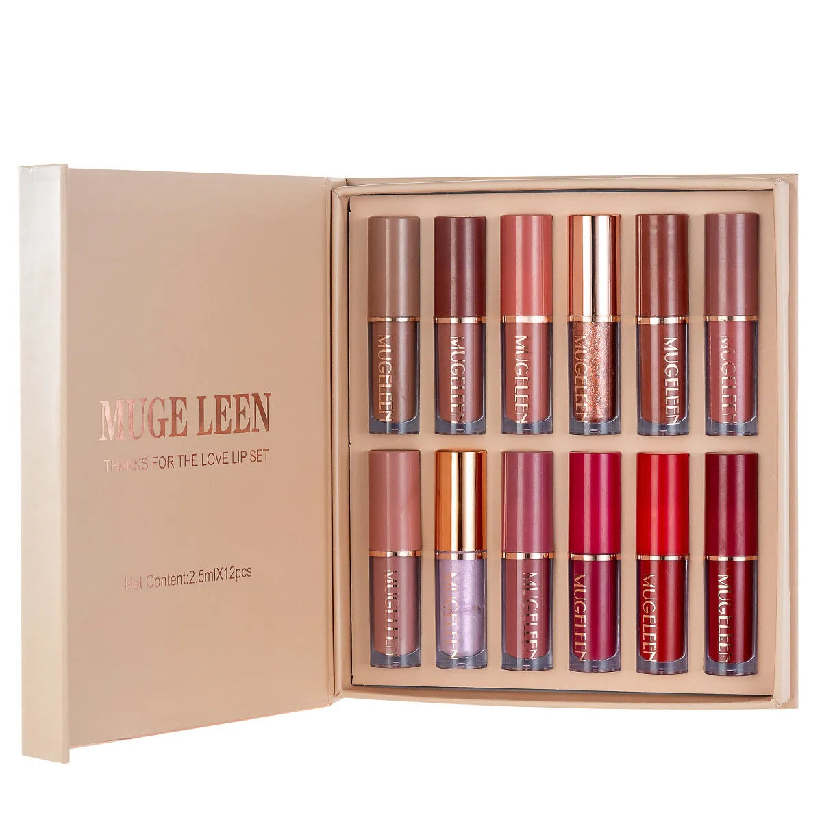 12-piece matte shimmer lip glaze set showing multiple colour options with non-stain formula