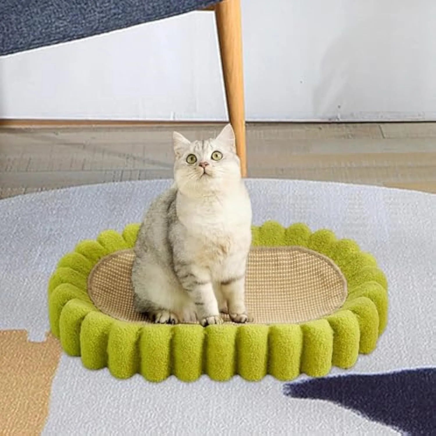 Green oval cat scratch pad bowl bed made from sisal measuring 650mm by 420mm