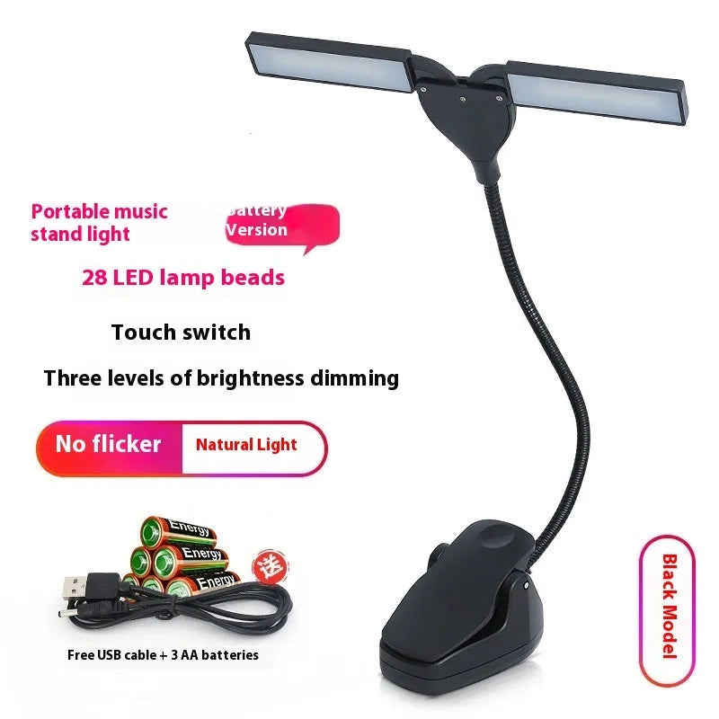 Black rechargeable music stand lamp with 28 LEDs on a metal music stand.
