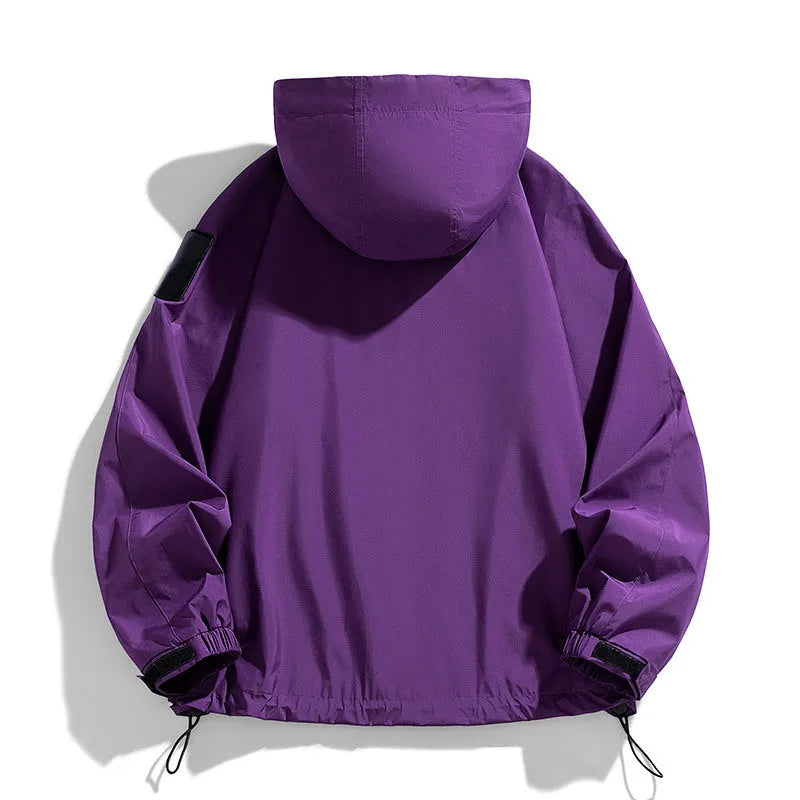 Men's black waterproof hooded coat on a hanger, showing regular length and long sleeves.