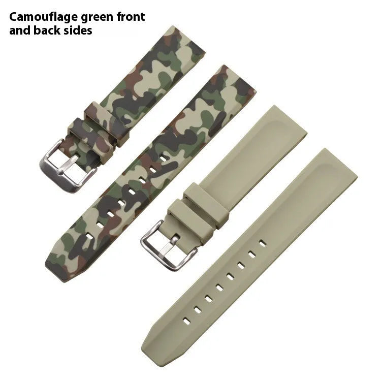 Green camouflage silicone watch strap with flat head lugs