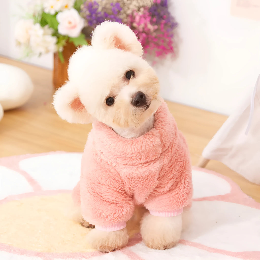 Double-sided plush dog winter clothes with high collar and towing ring in khaki, pink or blue colours