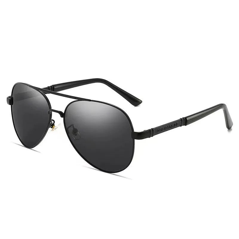 Men's metal-frame polarised sunglasses in gold, shown with decorative dragon and phoenix motifs.