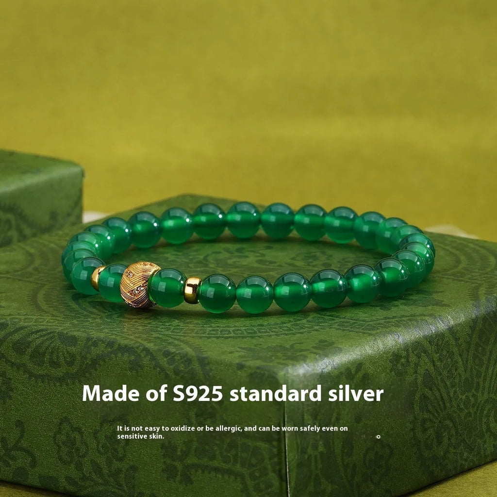 Natural green agate and S925 sterling silver bracelet with 6mm geometry beads and yellow gold finish